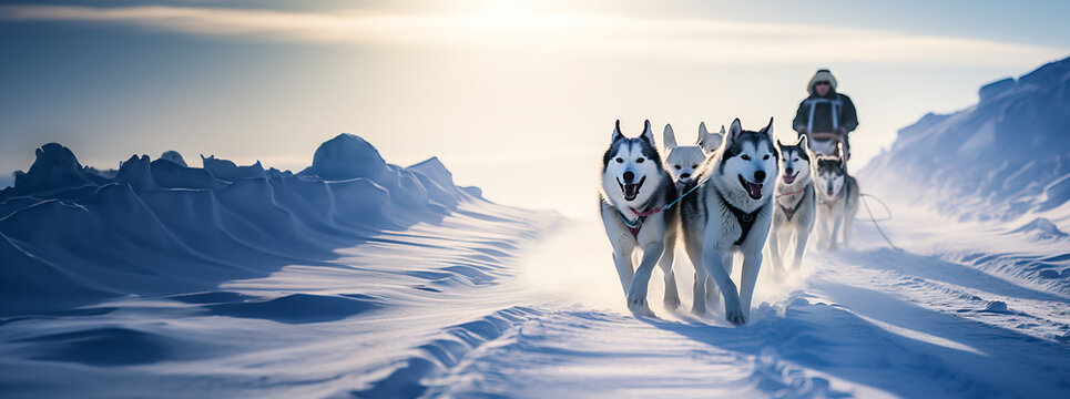 Husky sled dogs pulling a sled in arctic mountain wilderness. Shallow field of view.