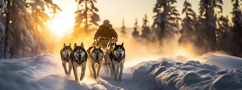 Husky sled dogs pulling a sled in arctic mountain wilderness. Shallow field of view.
