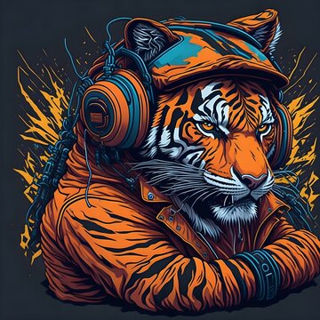 Photo of cool neon party tiger wearing headphones (wild tiger vector)