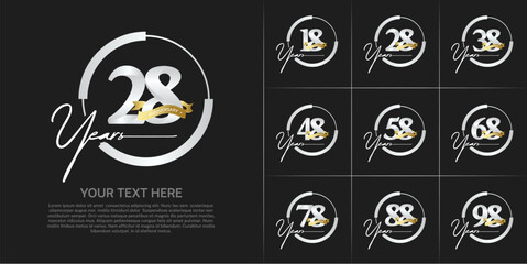 set of anniversary logo with silver number in circle and golden ribbon can be use for celebration