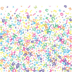 Falling letters of English language. Colorful messy sketch flying words of Latin alphabet. Foreign languages study concept. Fancy back to school banner on white background.