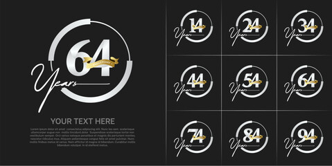 set of anniversary logo with silver number in circle and golden ribbon can be use for celebration