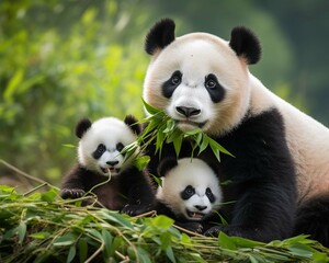 Naklejka premium Panda with her cubs wild animal