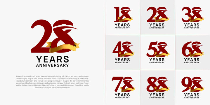 set of anniversary logo with red number and golden ribbon can be use for celebration