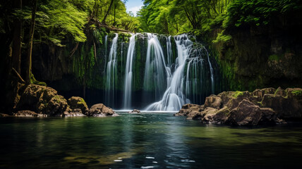 Fototapeta na wymiar Panoramic beautiful deep forest waterfall. AI Generative.