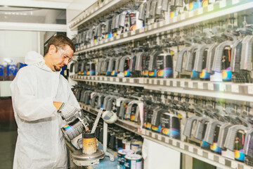 Professional painters mix car paint formulas in the paint storage room and grade quality paints by...