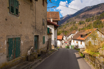 Historic stone houses in the mountain village of Mieli near Comeglians in Carnia, Friuli-Venezia Giulia, north east Italy