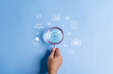 pursuing, magnifier, discovering, finance, financial, investment, interest, growth, target. pursuing financial growth via magnifier discovering investment and interest trading. around has invest icon.