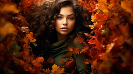 Obraz na płótnie Canvas Gorgeous woman in autumn/fall, desktop background for laptop etc.