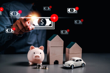 asset, piggy bank, financial, banking, finance, investment, currency, profit, money, wealth. pointing at banking note. real estate and asset is currency of wealth. asset is financial profit finance.