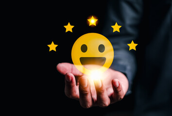 satisfaction, check, choice, mark, survey, consumer, smiley, evaluate, choose, feedback. on top of hand smiley mark is showing for evaluate satisfaction check it. then around marks five star rating.