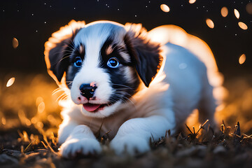 Cute and adorable puppies under the bright moonlight. Generative AI
