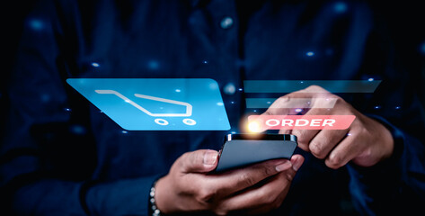 cart, purchase, shopping, online shopping, credit card, online, buying, laptop, banking, pay. touching smartphone for online shopping. put order into cart for purchase, between form has cart symbolic.