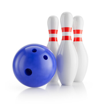 Bowling concept. Blue Bowling Ball and bowling pins with transparent background