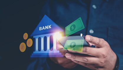 saving, money, banking, finance, investment, growth, tax, wealth, interest, loan. touching at smart phone to check my investment and interest rate of mine saving. wealth to growth up for retirement.