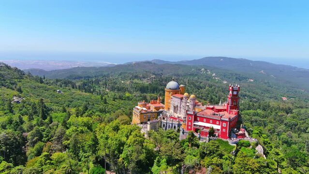 Sintra, Portugal: Aerial view of picturesque castle Pena Palace (Pal&aacute;cio da Pena) - landscape panorama of Europe from above