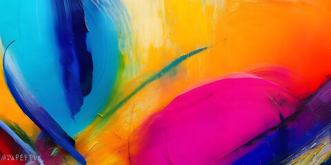 Fototapeta premium A macro view of a vibrant abstract painting, with a mix of thick brushstrokes and pallet knife paint creating a textured canvas of complementary colors.