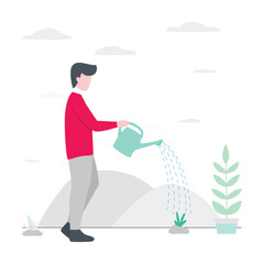 Plant watering - gray background with bright people