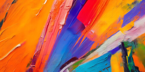 A macro view of a vibrant abstract painting, with a mix of thick brushstrokes and pallet knife paint creating a textured canvas of complementary colors. - obrazy, fototapety, plakaty