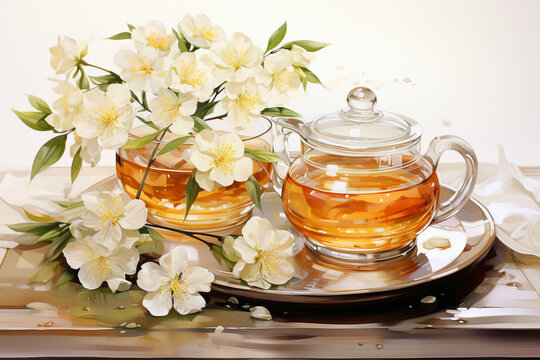 Hot tea in transparent glass with beautiful flowers for background.