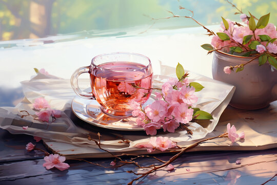 Hot tea in transparent glass with beautiful flowers for background.