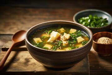 Japanese food miso soup with tofu in bowl on rustic wooden table top.