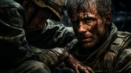 A close-up shot of a combat medic's hands as they carefully tend to a wounded soldier's injuries with precision 