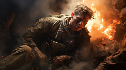 An intense moment captured as a combat medic rushes to provide medical aid to a fallen comrade amid smoke and debris 