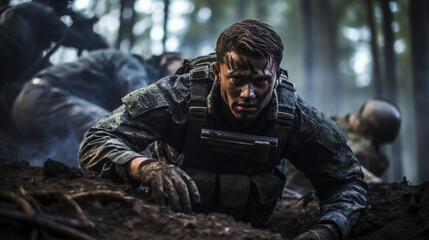 Obraz premium An intense moment captured as a combat medic rushes to provide medical aid to a fallen comrade amid smoke and debris 