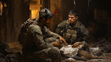 A combat medic in full gear, providing medical assistance to an injured soldier in a realistic battlefield setting 