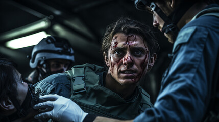 Obraz premium A group of combat medics working together to provide medical care to injured soldiers, showcasing their teamwork and efficiency 