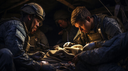 A group of combat medics working together to provide medical care to injured soldiers, showcasing their teamwork and efficiency  - obrazy, fototapety, plakaty