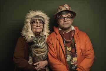 Fototapeta premium Woman and man near the color wall with cat