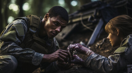 Fototapeta premium A combat medic administering first aid to a soldier with simulated injuries, showcasing their quick decision-making and skills 