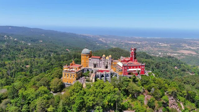 Sintra, Portugal: Aerial view of picturesque castle Pena Palace (Pal&aacute;cio da Pena) - landscape panorama of Europe from above