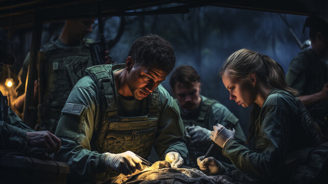 A group of combat medics working together to provide medical care to injured soldiers, showcasing their teamwork and efficiency 