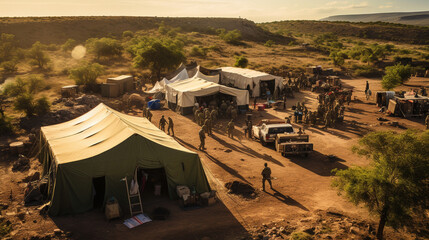An aerial view of combat medics working together to set up a temporary medical station in a remote area, ensuring efficient care 