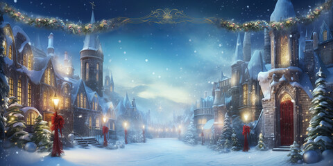 beautiful christmas card with decorations and copy space, magical village in the snow 