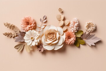 Fototapeta na wymiar Arrangement of spring flowers against a pastel color background. Blooming concept. Flat lay