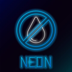 Glowing neon line Water drop forbidden icon isolated on black background. No water sign. Colorful outline concept. Vector