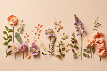 Arrangement of spring flowers against a pastel color background. Blooming concept. Flat lay