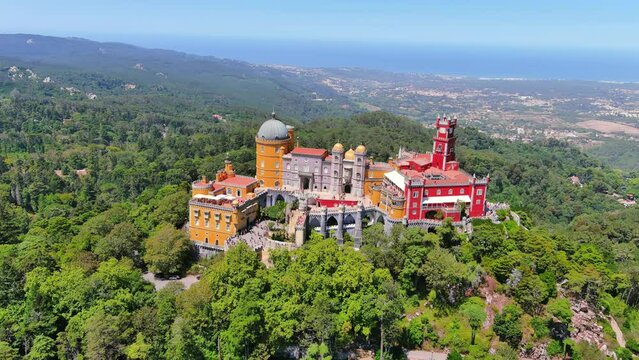 Sintra, Portugal: Aerial view of picturesque castle Pena Palace (Pal&aacute;cio da Pena) - landscape panorama of Europe from above