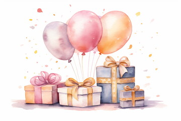 Balloons and gift boxes with ribbons. Greeting card for birthday. Illustration