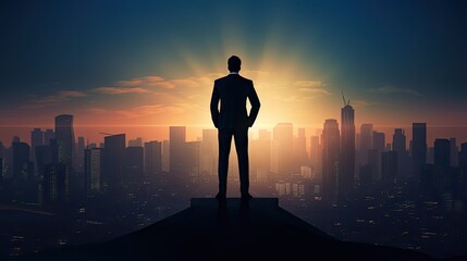 Fototapeta na wymiar Image of businessman standing on open roof top watching city night view