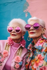Two older women dressed in pink and wearing sunglasses. In the style of vibrant and textured. Candid moments captured