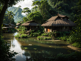 Fototapeta na wymiar A village in the middle of the jungle