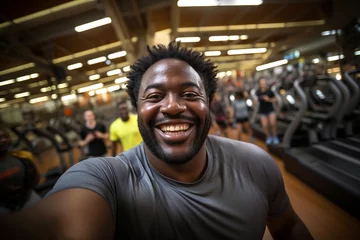 Fototapete Fitness  Active lifestyle, loosing weight, getting fit, healthy habits concept. Happy obese overweight afro-american man making selfie at the gym club, fitness center before the training. Generative AI