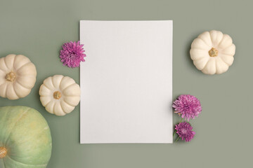 Blank paper sheet with decorations on pastel green background. Greeting card, invitation mockup....