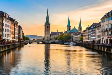 Fototapeta premium Ship is sailing by St. Peter's church and Fraum nster abbey, the two most popular places of visit in Zurich, Switzerland.