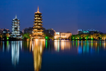 Gold and Silver Pagodas, Shan Lake  Guilin, Guangxi, China.